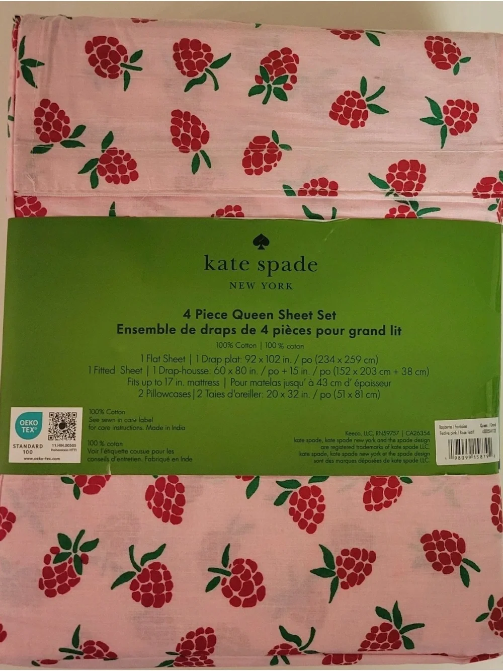 NEW 4pc Kate Spade Queen Sheet Set RASPBERRIES 100% Cotton Percale Flat Fitted